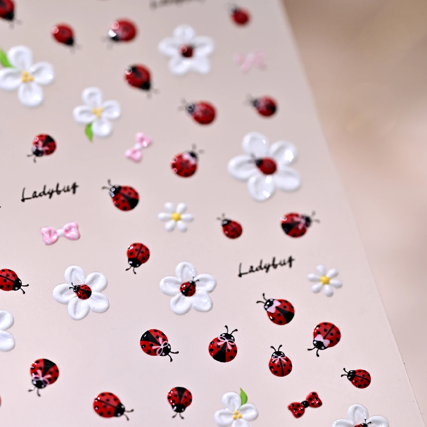 5D Embossed Kawaii Ladybug Nail Sticker Spring White Daisy Flower Self-Adhesive Sliders DIY Petals Decals Manicure Decoration