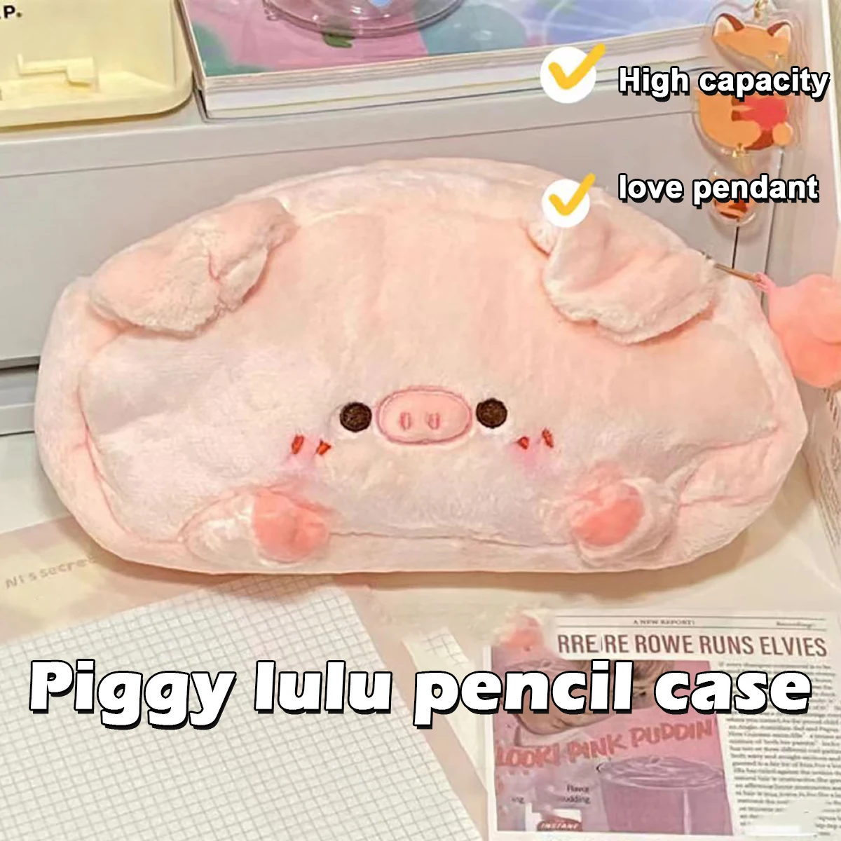 Bolsa de lápices de felpa de cerdo Kawaii para niñas, caja de almacenamiento de suministros escolares de gran capacidad, papelería coreana