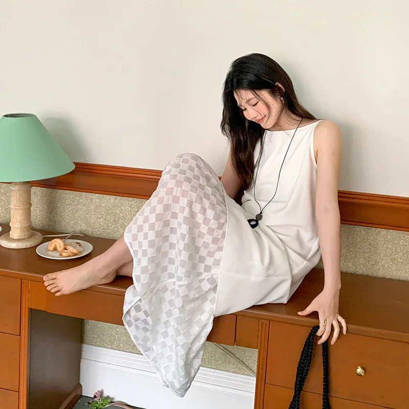 

2025 Summer French Holiday Style Two-Piece Mesh Splicing Sleeveless A-Line Simple Straight Dress for Women