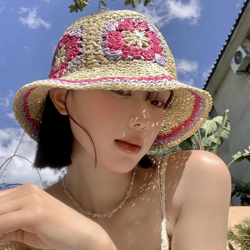 Korean Contrasting Color Flower Sun Caps for Women Summer Outdoor Travel Beach Sun Protection Straw Weaving Bucket Hats