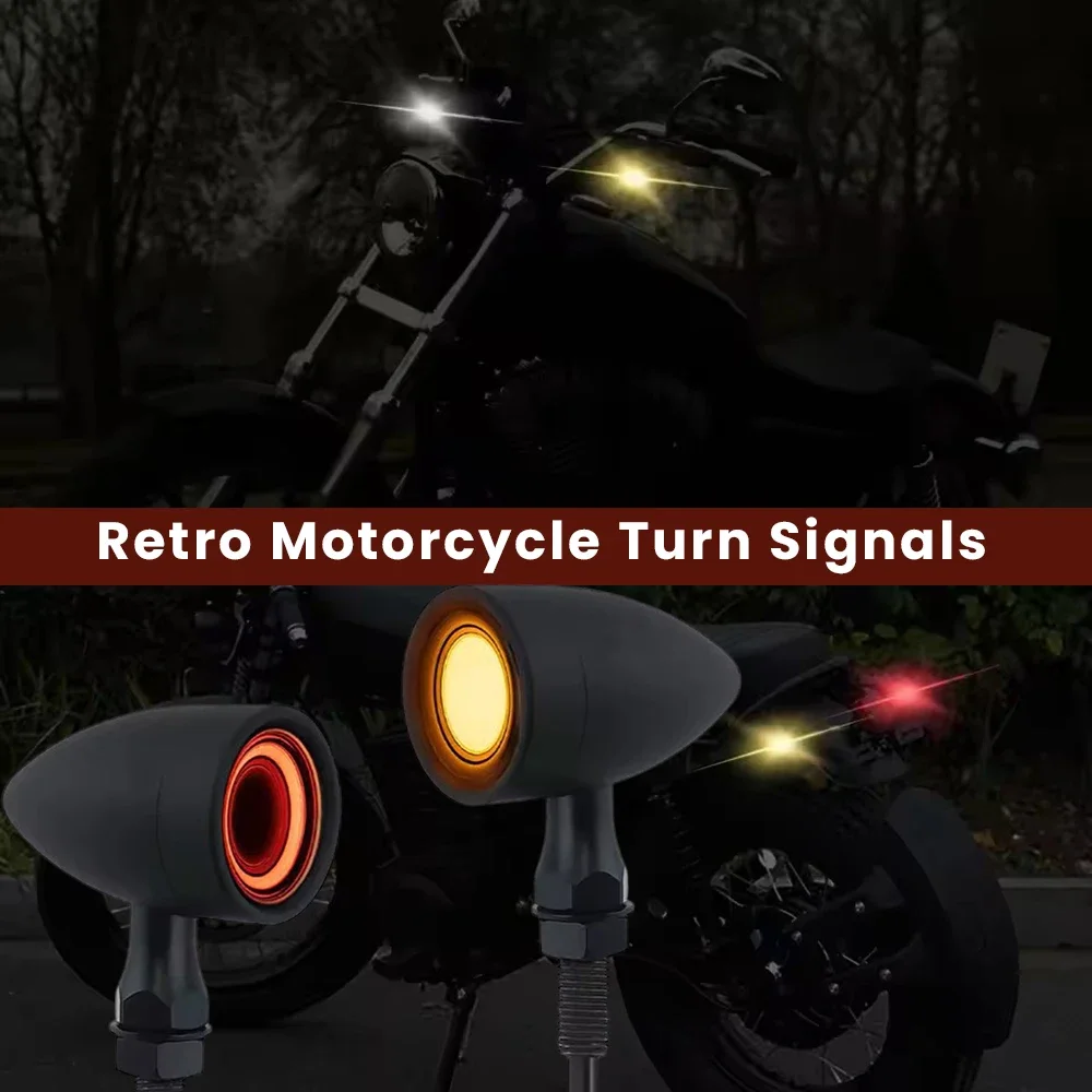 Motorcycle Bullet Front Rear Turn Signals LED Brake Tail-Lights 1 Pair, Retro Mini Lights Universal Fit Chopper Bobber