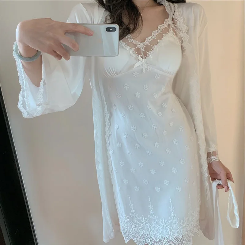 Mesh Lace Dot Nighty&robe Set Lady Sleepwear Elegant Bride Wedding Dress Kimono Bathrobe Suit Satin Nightwear Women Loungewear