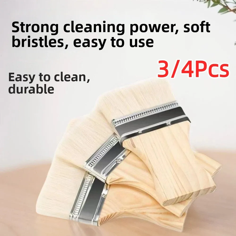 3/4Pcs Wooden Handle Flat Paddle Paint Brushes Multipurpose 2/3/4/5in Artist Painting Brushes Easy to Clean Reusable