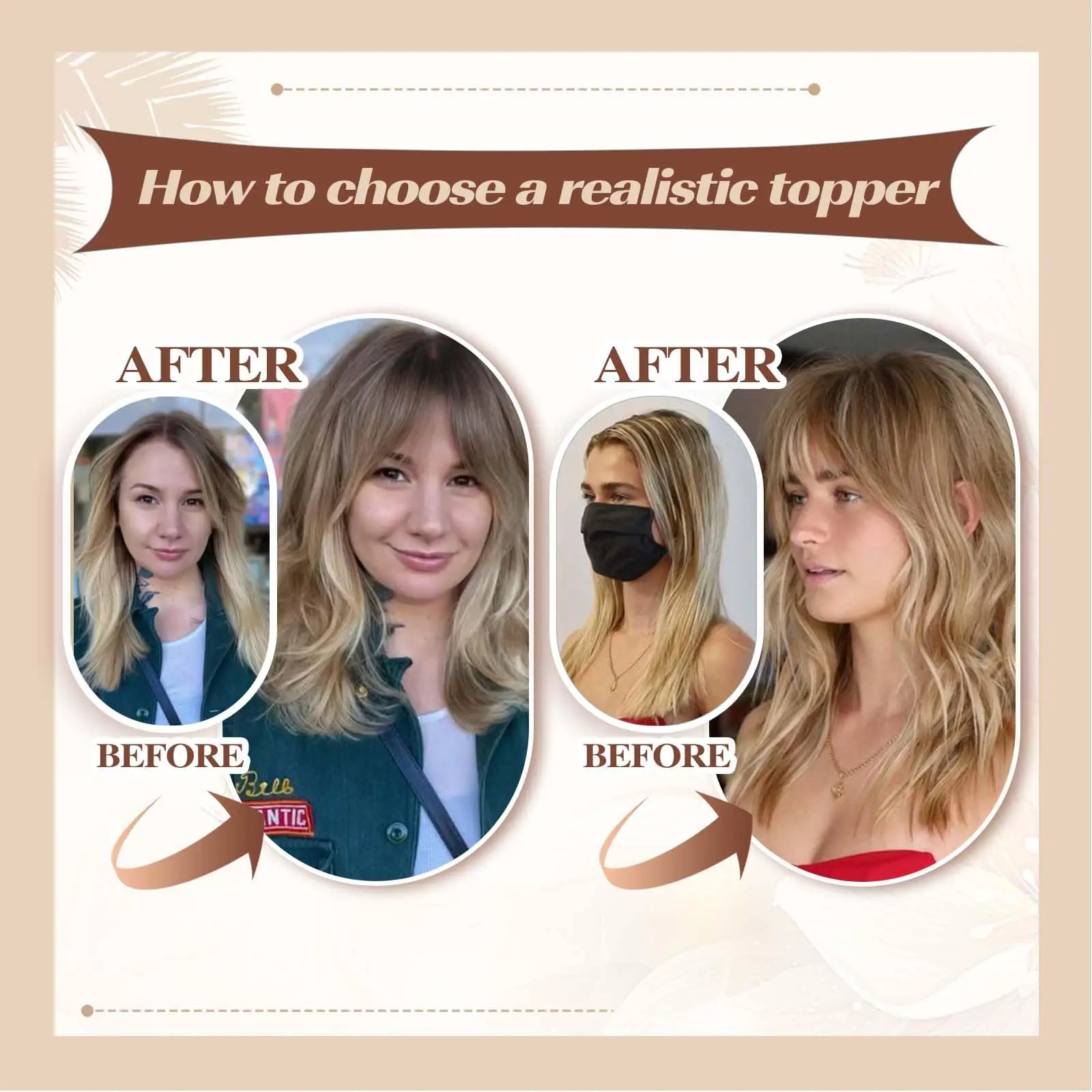 Ombre Brown 100% Remy Human Hair Toppers Wigs with Bangs Silk Base Clip Pieces for Women Straight Topper Hair in Hair Extension