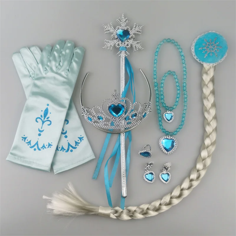 

Girls Accessories Gloves Wand Crown Necklaces Bracelets Ear Clip Ring Set Wig Braid for Party Princess Dress Cosplay Baby Girls