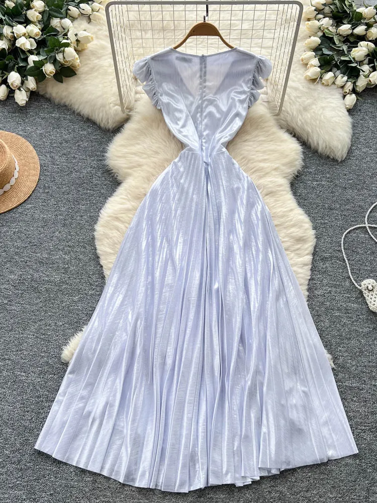 Ele V-Ne Abito estivo lungo in raso Dr da donna con ali di fata Sves Vita alta A-Line Coreano Sle Pendolarismo Dr