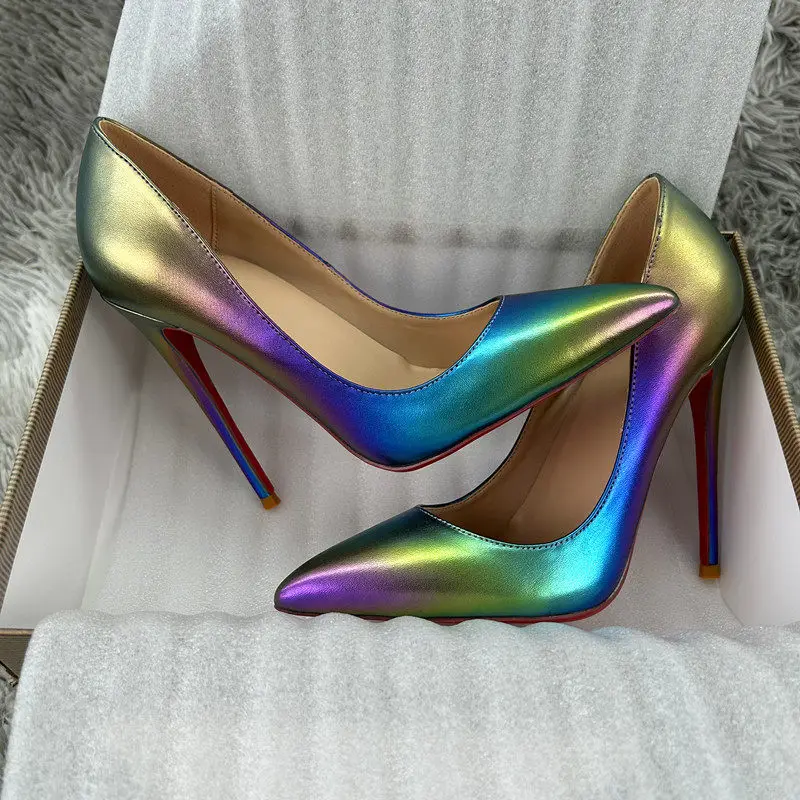 

New Laser Gradient Sheep Pattern High Heels 8-12cm Pointed Toe Narrow Heels Shallow Single Shoes Soft Red Bottom Women's Shoes