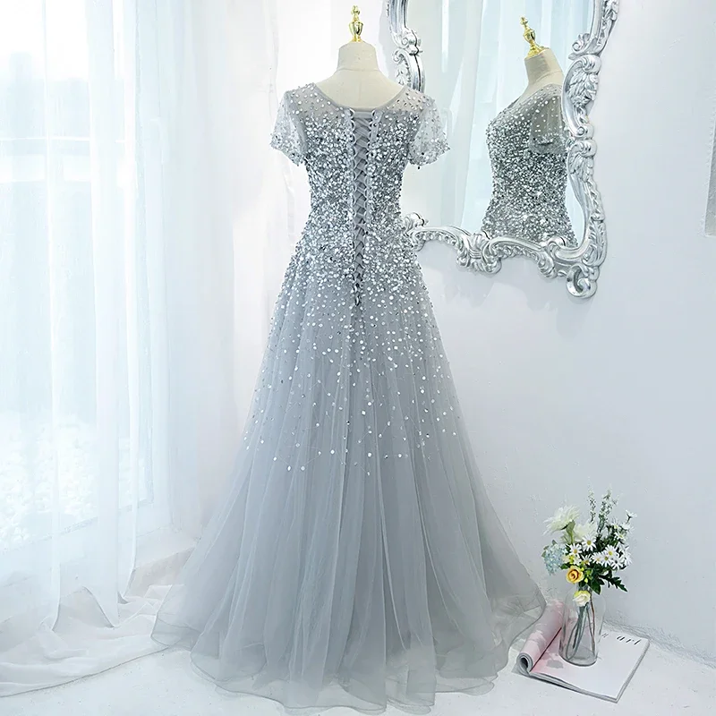 Customized  Luxury Grey Evening Dress Elegant Short Sleeve Glittering Sequins Beading A-line Party Formal Gowns Vestidos