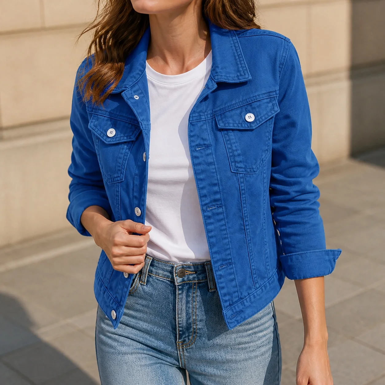 Women's Denim Jacket for Women with Notched Collar Long Sleeve Regular Fit Hip Length Women Denim Jacket Outerwear with Chest