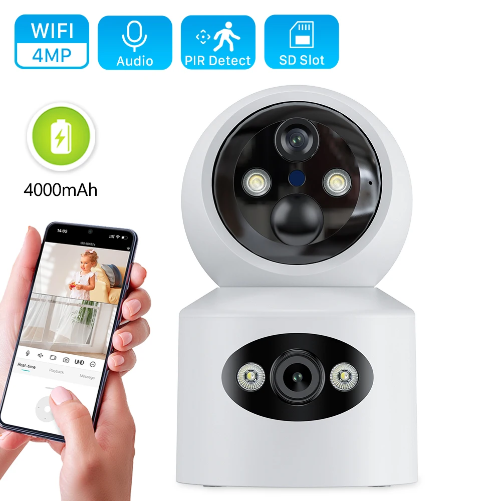 4MP Wirelesss WiFi Camera With 4000mAh Battery Dual Lens Dual Screen Ai Human Detection Indoor Home Security Video Surveillance