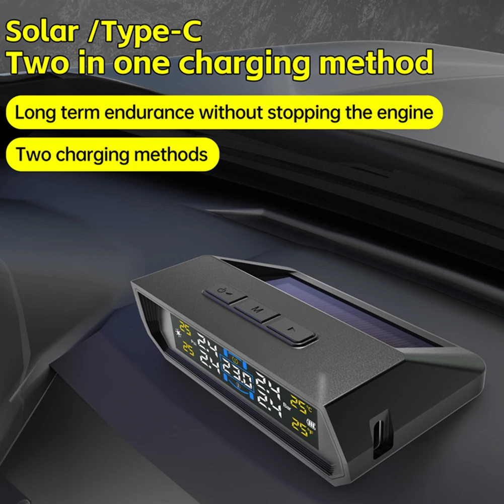 

Solar/USB Powered Tire Pressure Monitoring System with 4 Sensors Wireless TPMS IPX7 Waterproof for RVs Trailers Cars