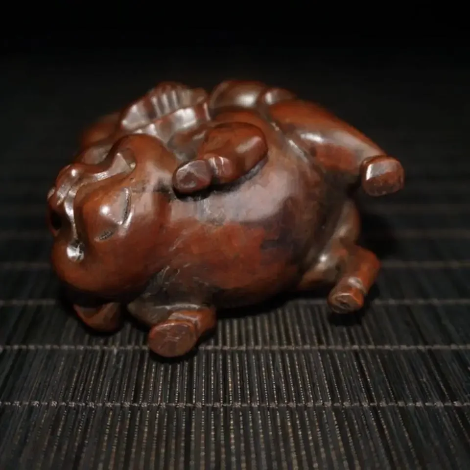 Antique Art 2-Inch Old Japanese Boxwood Hand Carved Lovely Pig Boy Riding Statue Netsuke Gift