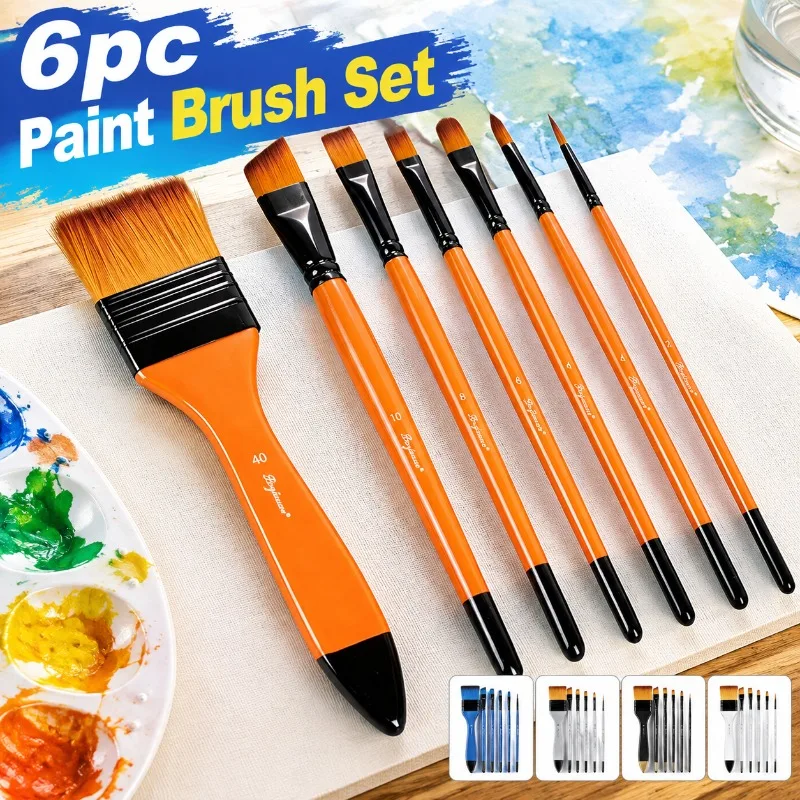 6Pcs Mixed Head Paint Brush Kit Nylon Bristles for Watercolor Acrylic Oil Pigment Drawing Specialized Art Student Craft