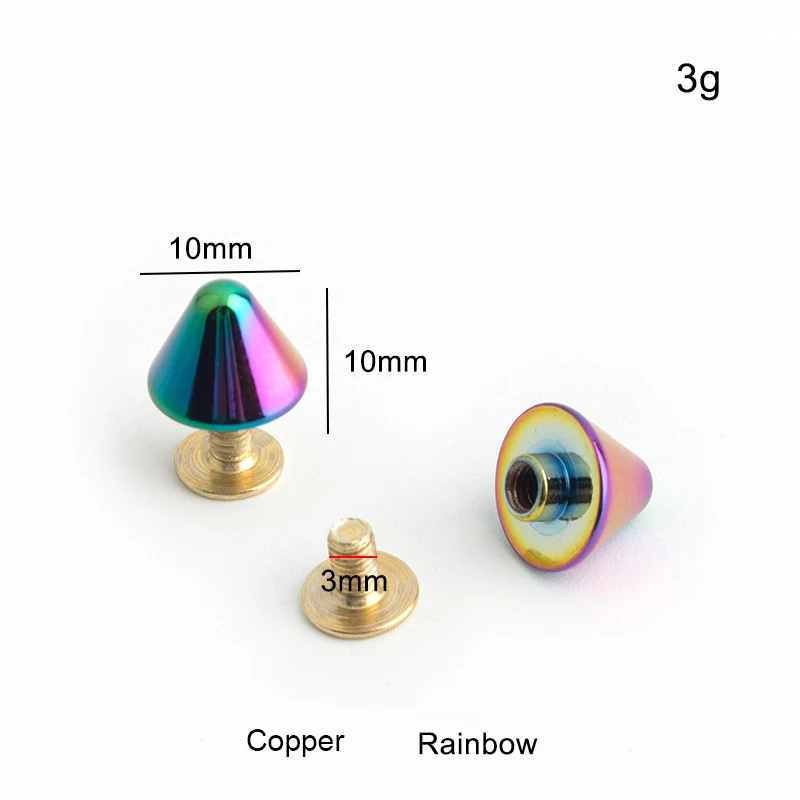 Polido Rainbow Turriform Cabeça Rebite, Metal Bag Snap Rock Stud, Bolsa, Rebites de Parafuso Inferior, 6 Cores, 10mm, 10-50Pcs