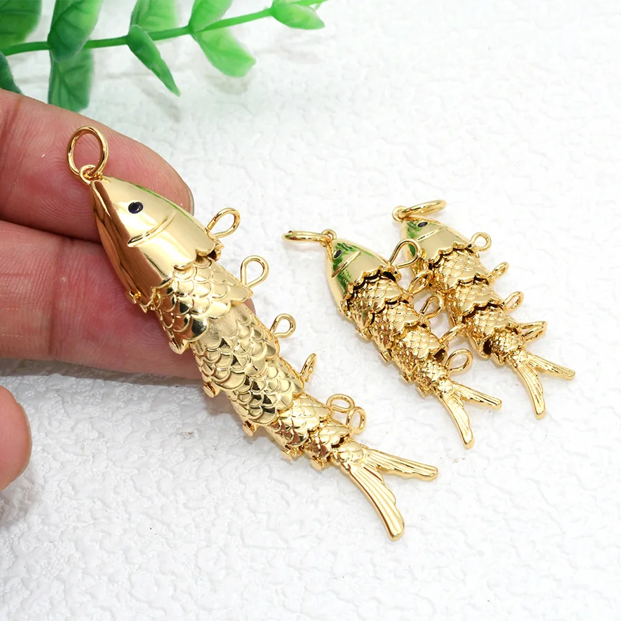 

10pcs New Arrival 18k Gold Color Plating 38mm 64mm Mobilizable Brass Carp Fish Pendant for Fashion Jewelry Making Findings