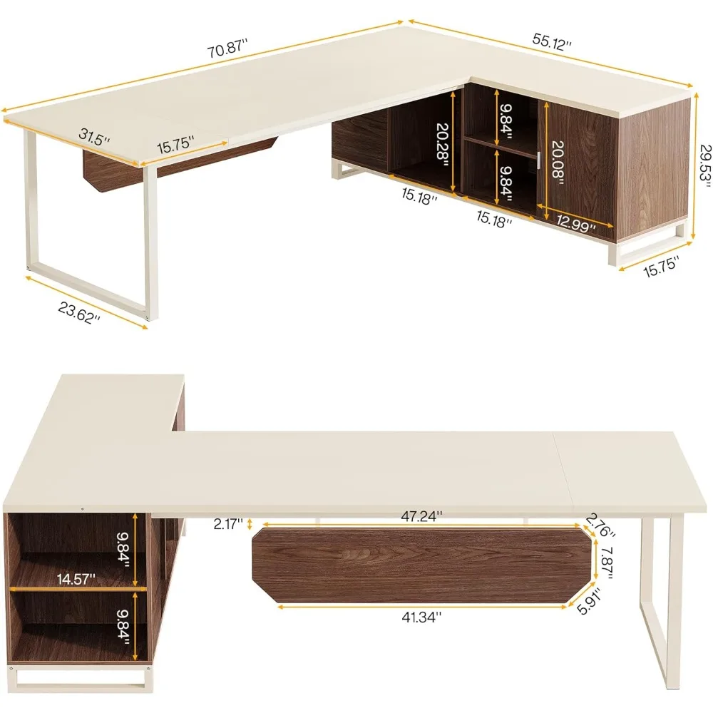 70.8-Inch Executive Desk with 55-Inch File Cabinet, Large L Shaped Computer Desk with Storage Cabinet and Shelves