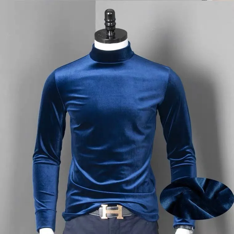 Turtleneck Velvet Tops Men Long Sleeve T Shirts Solid Color 2026