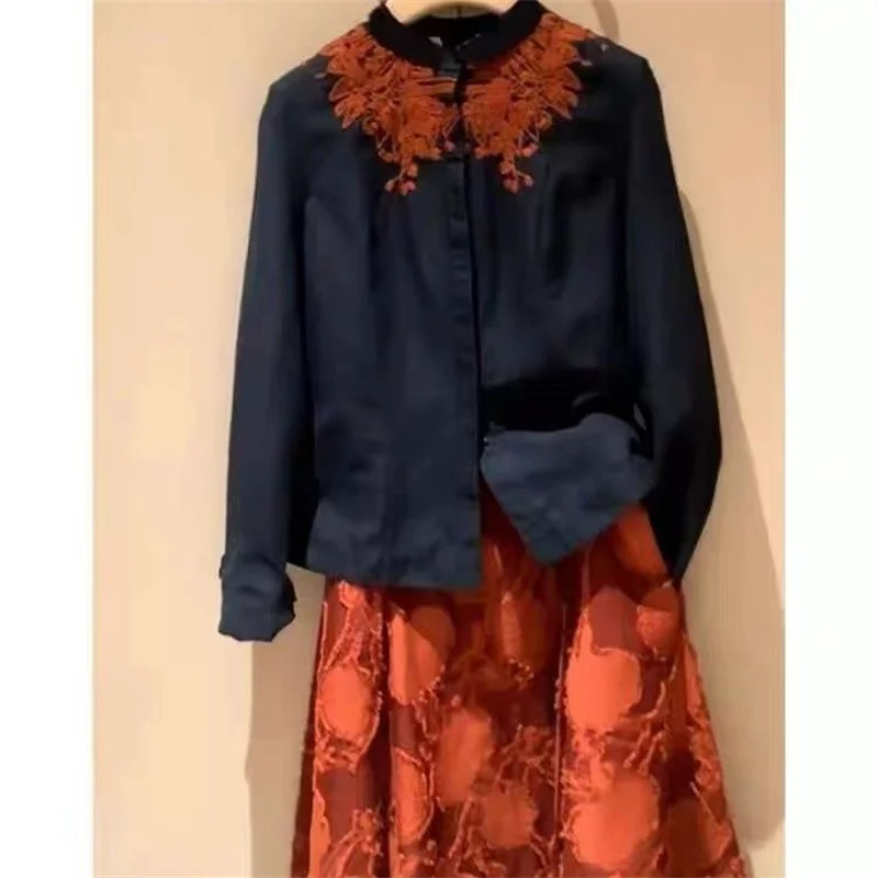 Chinese Elegant Women's Suit Autumn New Vintage Embroidery Stand Collar Shirt + Luxury Jacquard A-Line Skirt Two Piece Set 469P