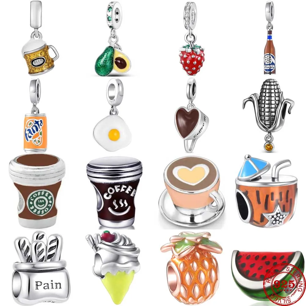 

2023 New 925 Sterling Silver Coffee Corn Strawberry Charm Hang Bead Fit Original Pandora Bead Bracelet Fashion DIY Woman Jewelry