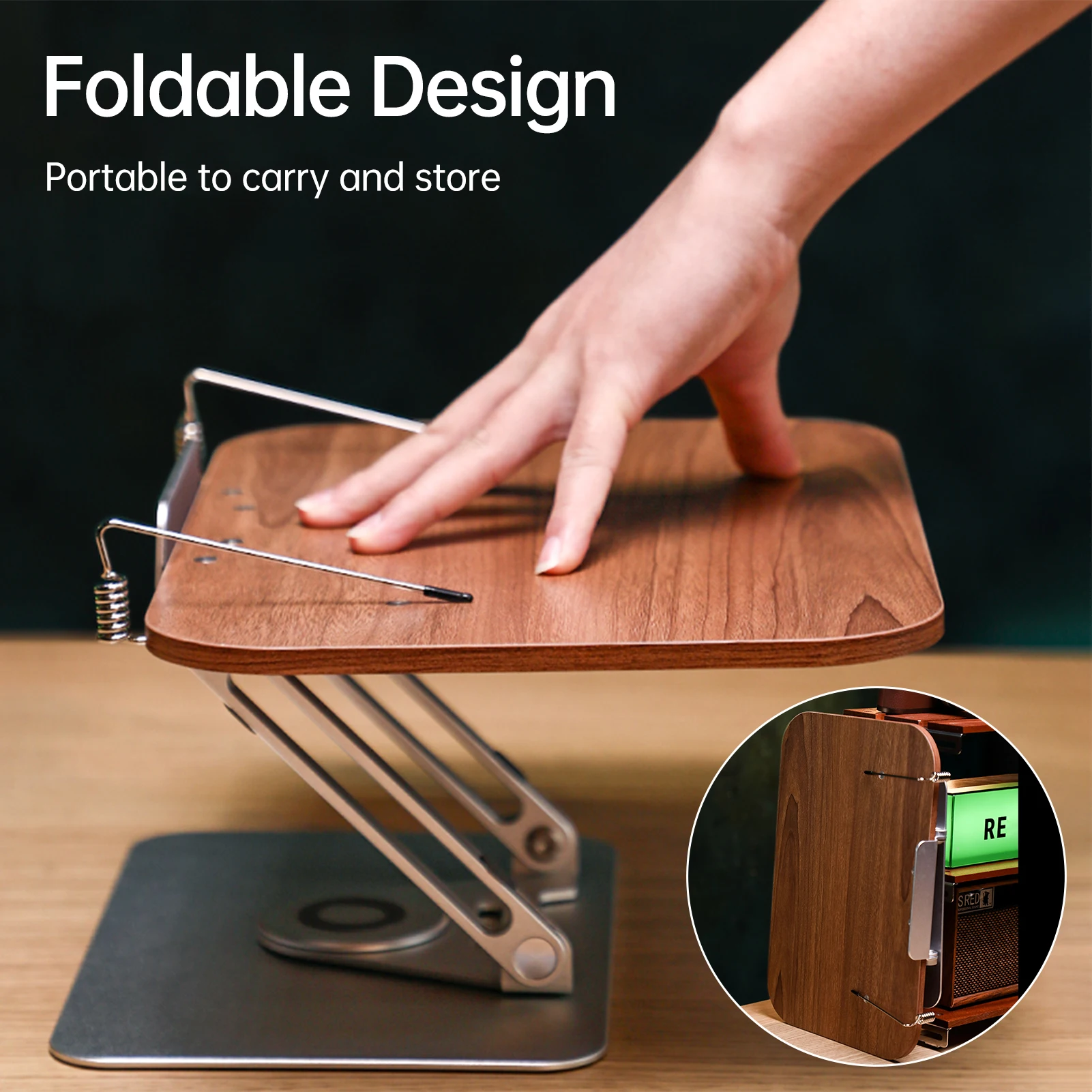 Bisofice Desktop Book Stand for Reading with 360° Rotating Base Wooden Panel & Page Clips Foldable and Angle for Textbook