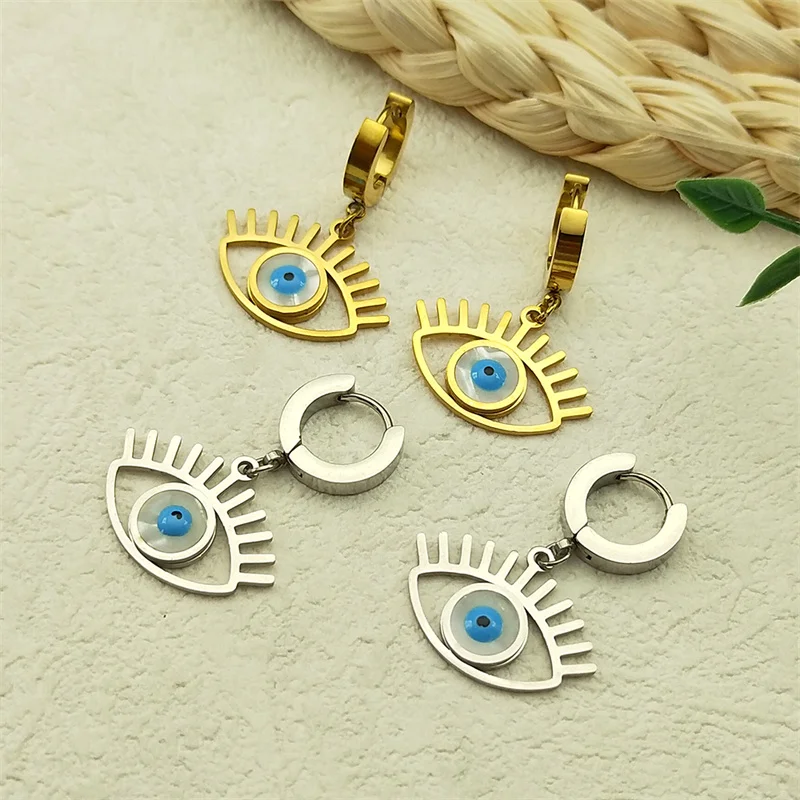 

Vintage Shell Evil Blue Eye Dangle Earrings Women Stainless Steel Gold Color Demon Eyes Drop Earrings Jewelry 3207