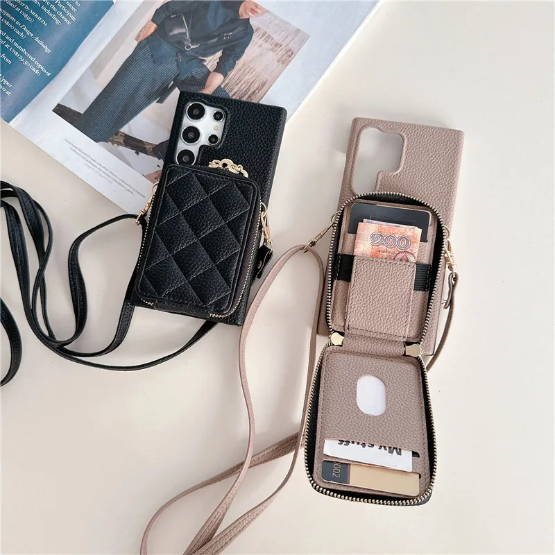 Crossbody Bag Lichee Pattern Wallet Phone Holder Zipper Case for Samsung S24 Ultra S23 Plus S22 A35 15 25 A54 14 24 34 53 13 33