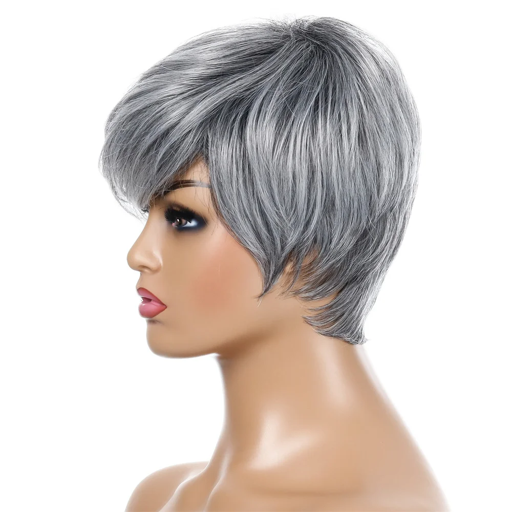 European and American Wigs Women\'s Short Straight Synthetic With Bangs Hair Silver Gray Chemical Fiber Daily Use Fashion Headgea