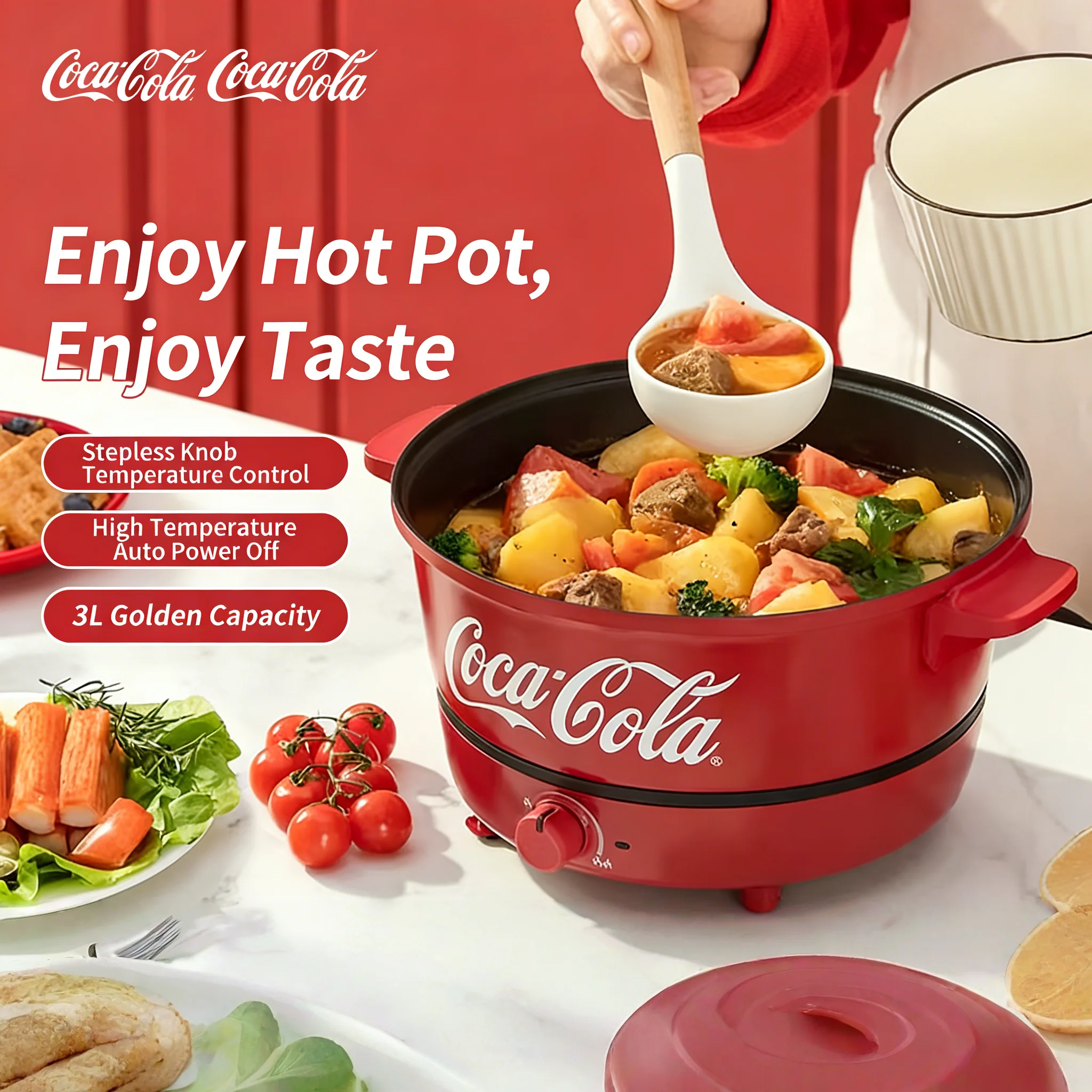 Olla Eléctrica Portátil Multifuncional Coca Cola, 220V, Olla Antiadherente, Mini Olla Calefactora, Olla para Cocinar, Electrodoméstico de Cocina