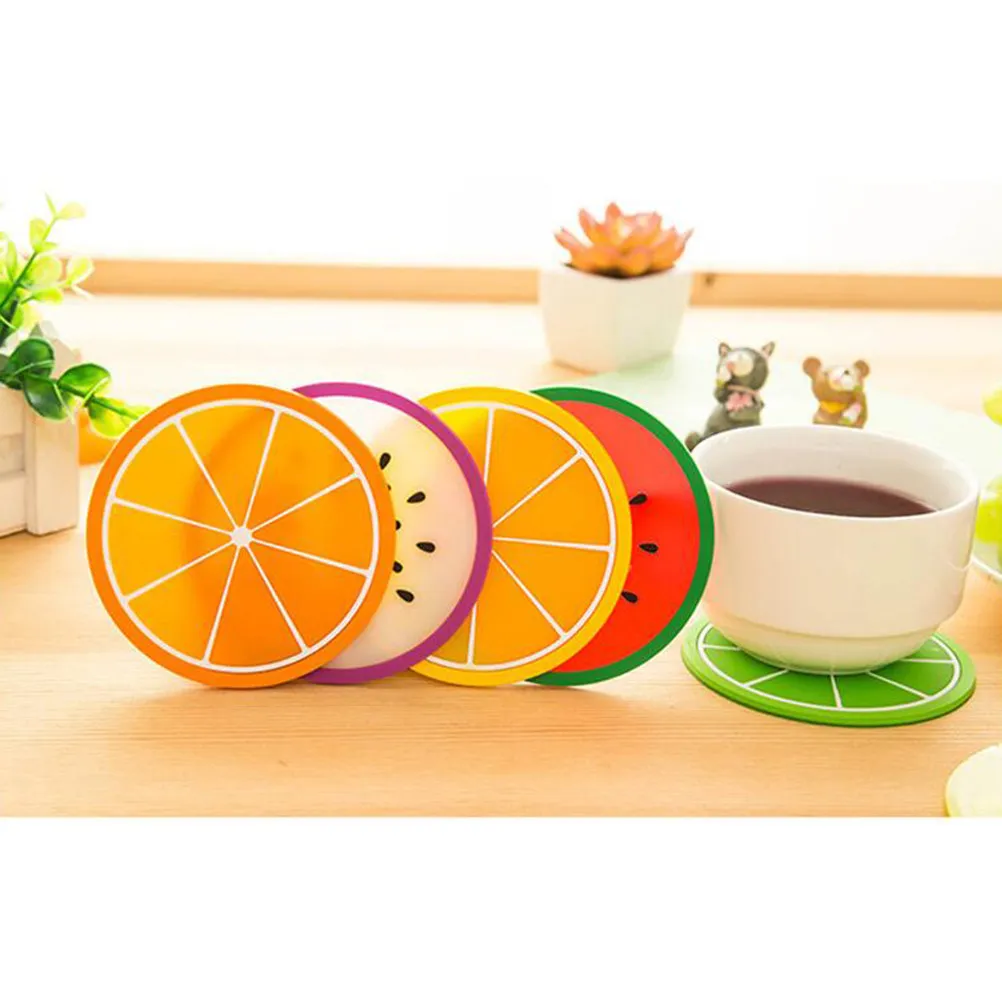 5Pcs Fruit Themed Silicone Coasters 8.8cm Round Heat Resistant Waterproof Non-Slip Cup Holders for Coffee Tea Bottles Desktop