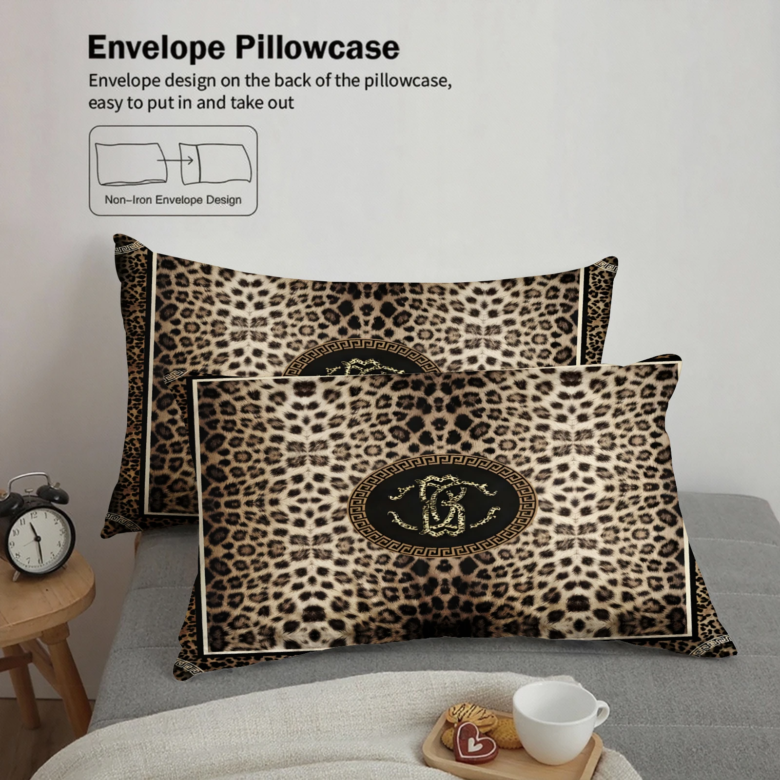 Leopard Print Bedding Set Brown Luxury Greek Key Duvet Cover Set With Pillowcases For High End Home Decor Bedroom Twin Queen