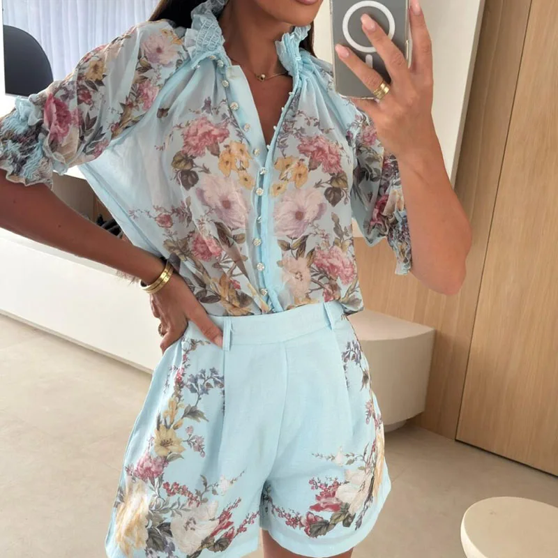 

Women Casual Half Sleeve Bohemian Outfits Elegant Pattern Printed Button 2Pc Suits Fashion Stand Collar Shirt & Short Pant Sets