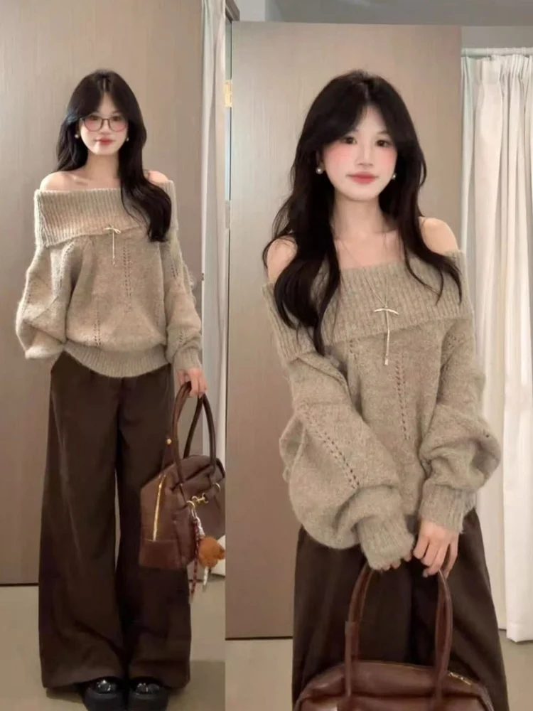 

Loose Fit Coffee Color One oulder Knitted Sweater Women's Sle Korean Loose Feeling Autumn Winter Casual Hollow out Design