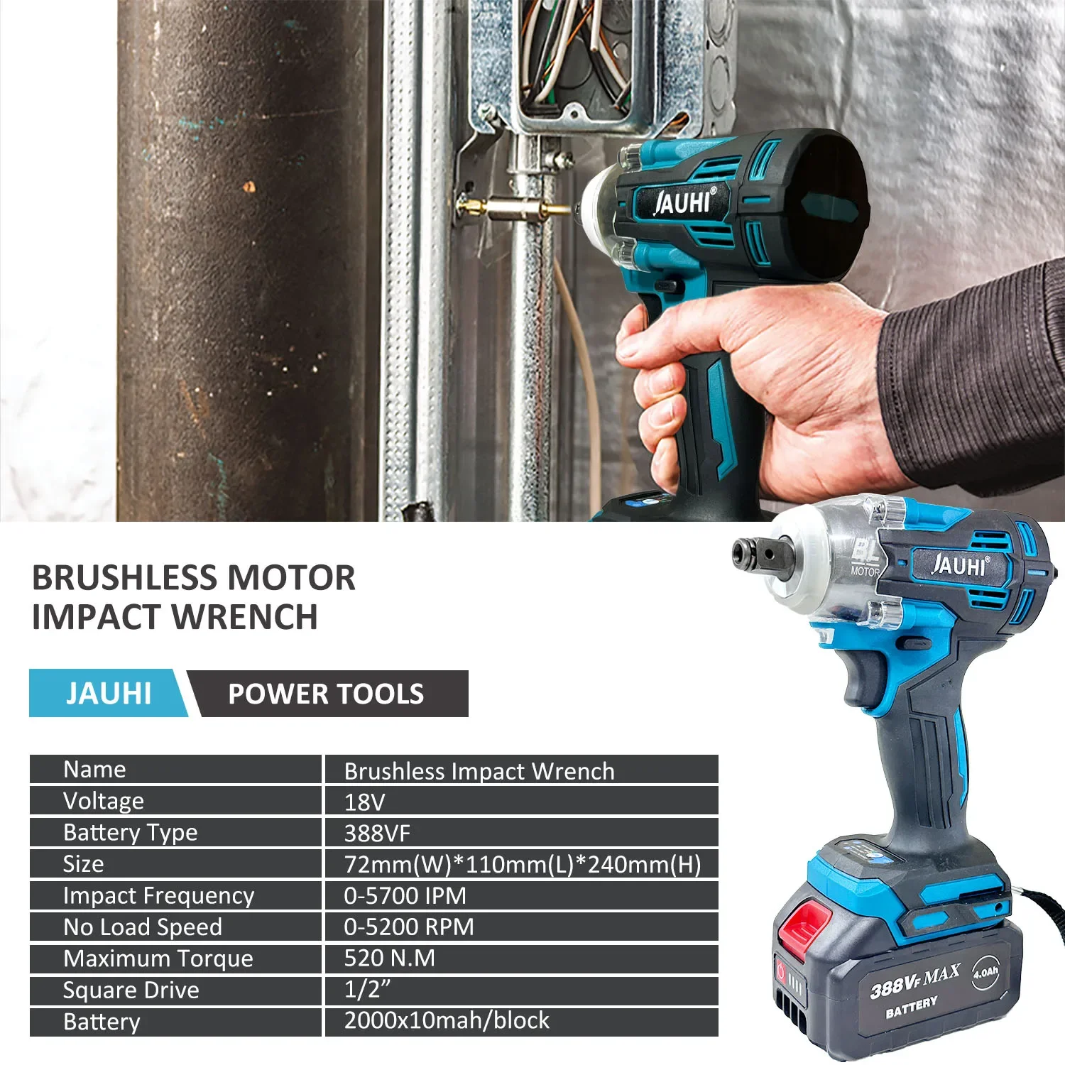 Imagem -03 - Jauhi-brushless Electric Impact Wrench Cordless Impact Wrench Makita Battery Screwdriver Ferramentas Elétricas 18v 520n.m 2