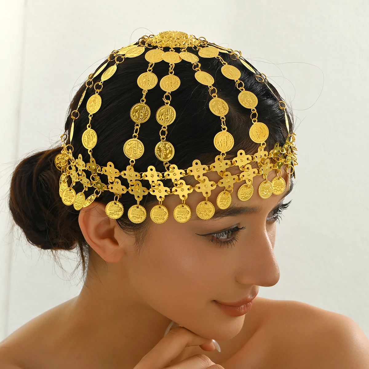 Traditional Middle Eastern Dangling Coin Head Chain Hollow Metal Headpiece For Party Belly Dance Head Decor