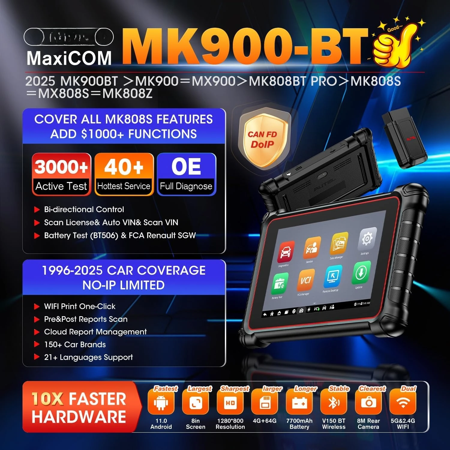 

Сканер MaxiCOM MK900BT, 2025 MK900-BT V2.0 двунаправленный диагностический инструмент, 8 дюймов до MK900 MX900 MK808S MK808BT MX808S MK808Z