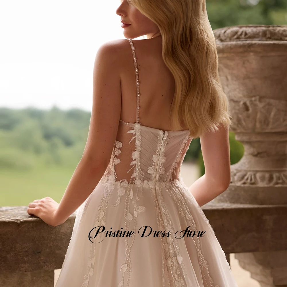 فستان زفاف ساحر على شكل حرف a بحمالات رفيعة من التل مزين بالترتر على شكل قلب بدون أكمام زي العرائس حسب الطلب #3