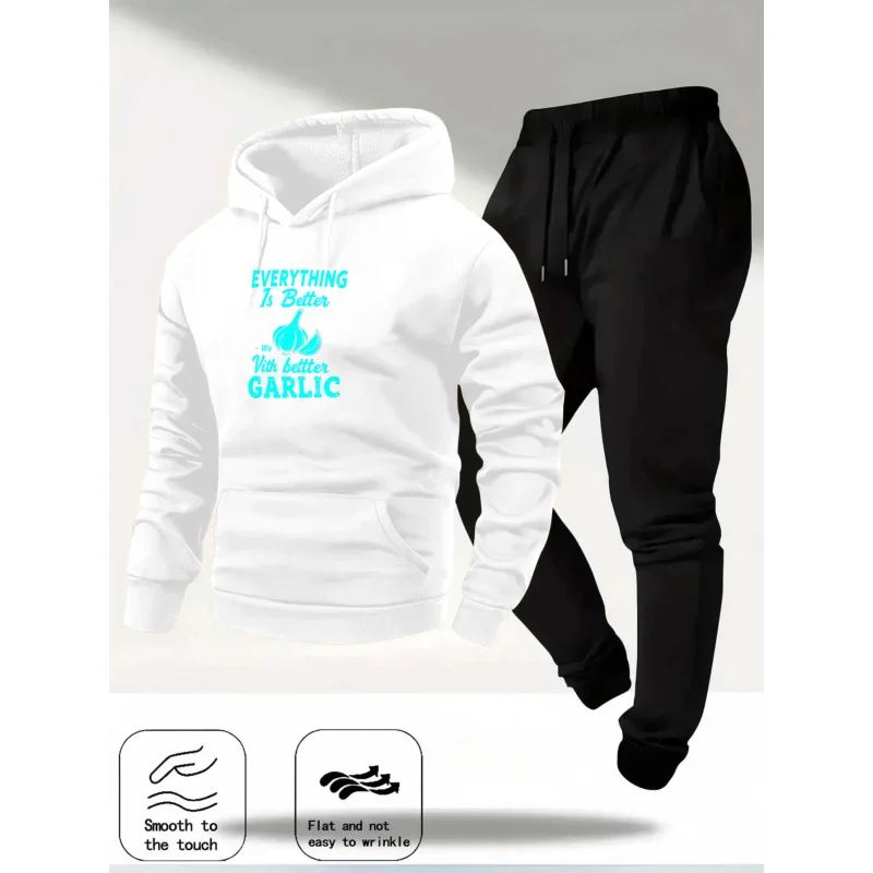 طقم هوديي رمادي فاتح بنمط مطبوع بالثوم ونص كل شيء أفضل مع ثوم الزبدة