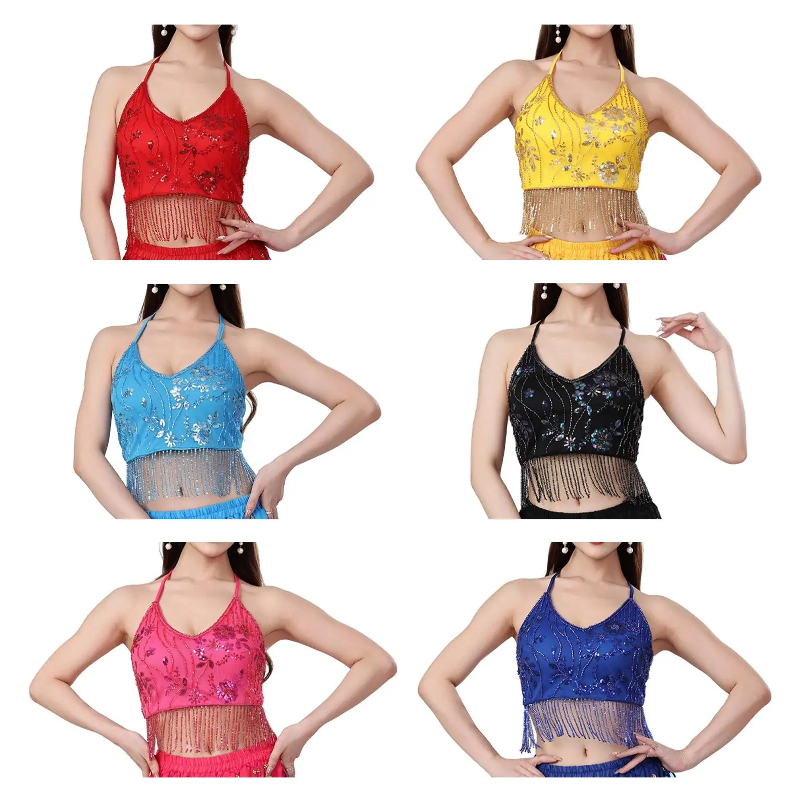 Top corto de danza del vientre con purpurina para mujer, sujetador con flecos y cordones, disfraz para danza del vientre, espectáculo de escenario, ropa de lección