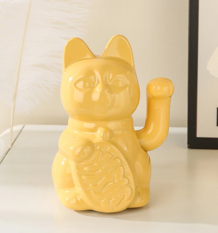 5.9 Inch Ceramic Lucky Cat Waving Arm Maneki Neko Beckoning Cat for Fortune Luck Wealth Prosperity Decoration Fengshui Ornament