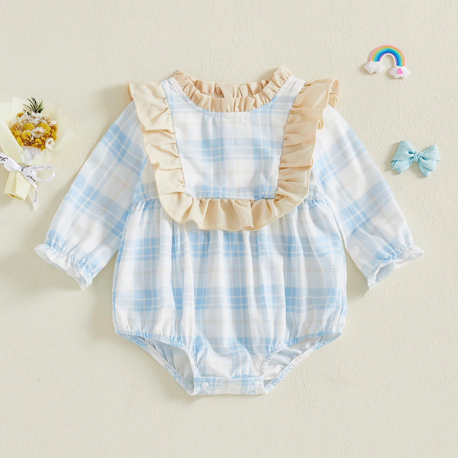 

0-18 Months Infant Baby Girl Rompers Lantern Long Sleeve Pleated Crew Neck Plaid Print Jumpsuit