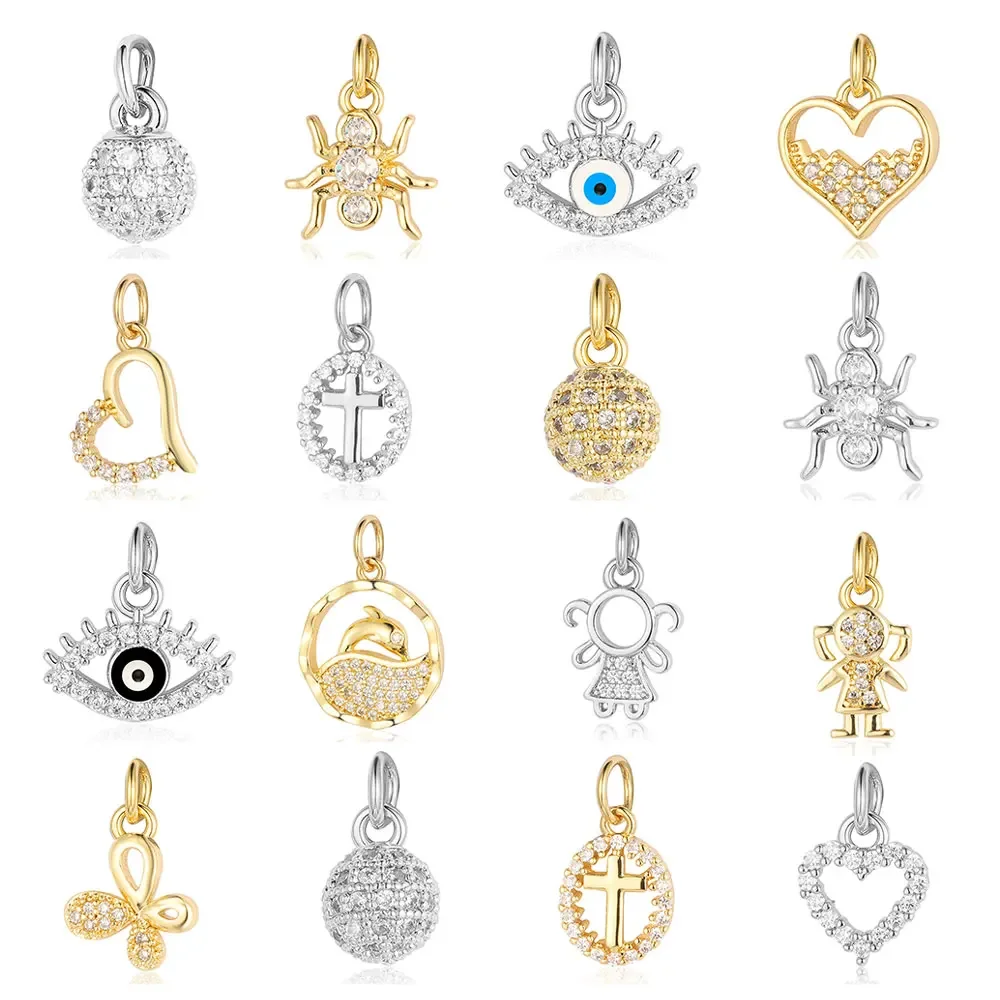 Round Ball Cross Heart Copper Zircon DIY Jewelry Charms Girls Dolphin Beetle Evil Eye Butterfly Bracelet Earring Making