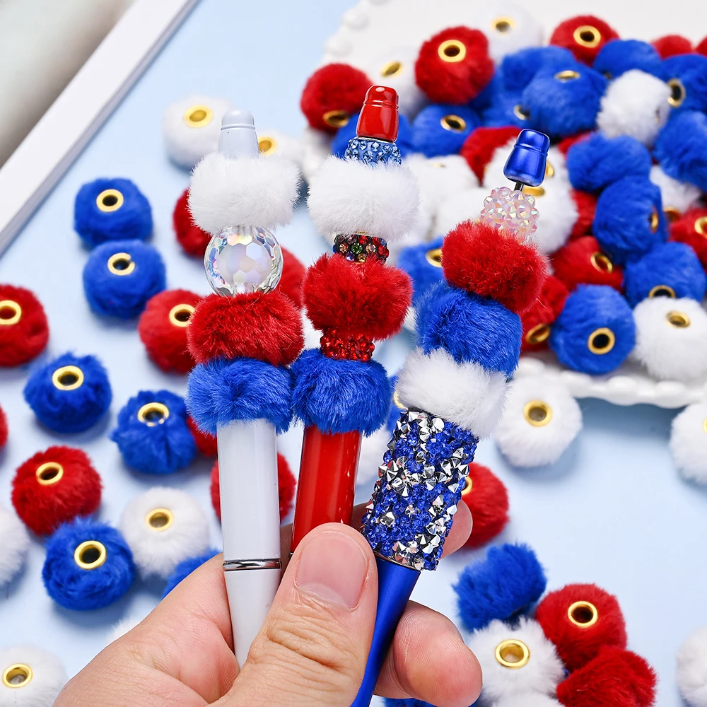 iYOE 20pcs 20mm Independence Day Soft Faux Rabbit Fur Pompom Beads Red Blue White for DIY Crafts Independence Day Jewelry Making