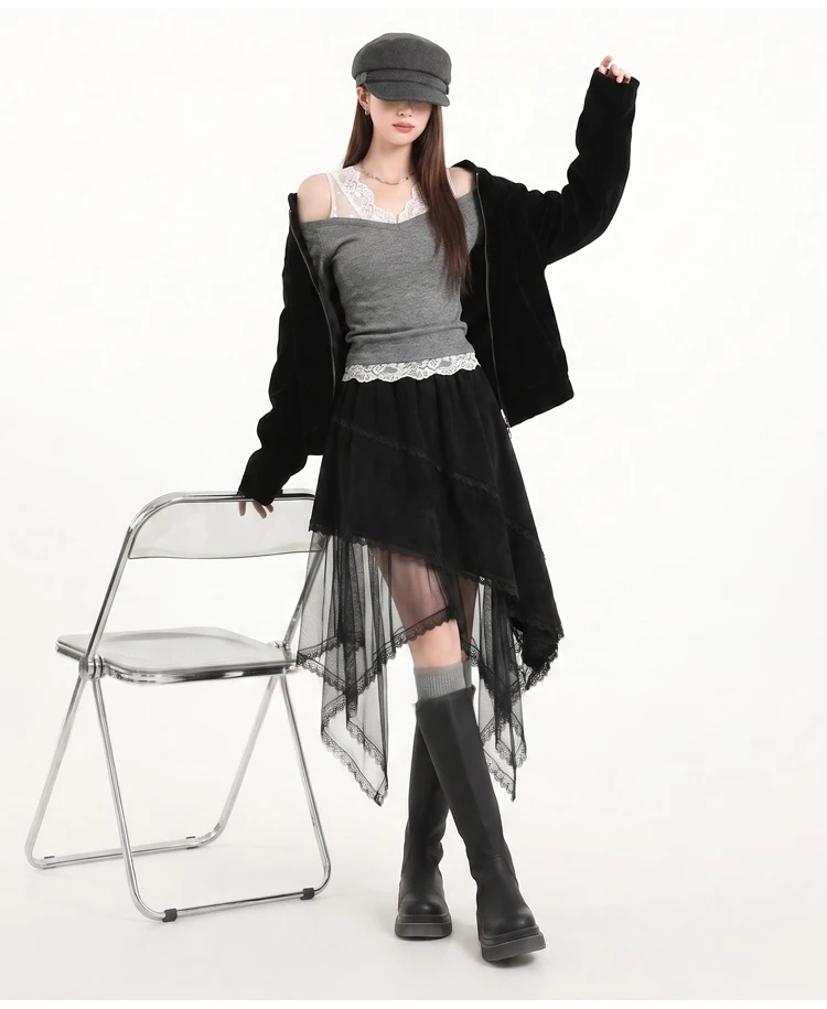 2026 Damen-Midirock mit Wildleder-Optik und Spitzenbesatz, Vintage-Brauntöne, elastischer Bund, unregelmäßiger Saum, Tüll, A-Linie, lässiger Halbrock – Detail 20