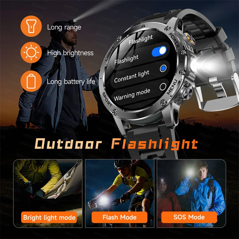 2026New Military Adventure Smartwatch Men 1000mAh big Battery Black Gold Steel  Flashlight 1.7" HD Screen Sports Smart Watch Man view 6