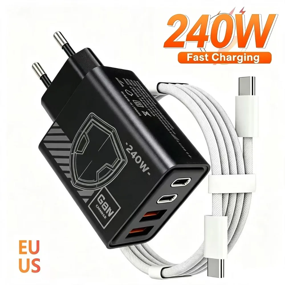 Mechanical Pattern 240W GAN Multi Port Travel Fast Charger Black White Yellow EU US Plug Charging Kit with USB C Power Cable