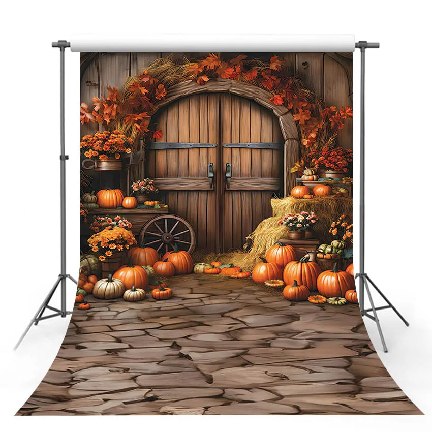 Mehofond Autumn Wood Door Photography Backdrop Kids Birthday Party Maple Leaves Pumpkin Haystack Decor Background Photo Studio