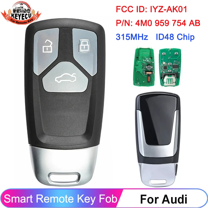 KEYECU For Audi TT A3 R8 2016 2017 2018 2019 4M0959754AB 4M0 959 754 AB 315MHz 433MHz 3 Button Remote Key Smart Control