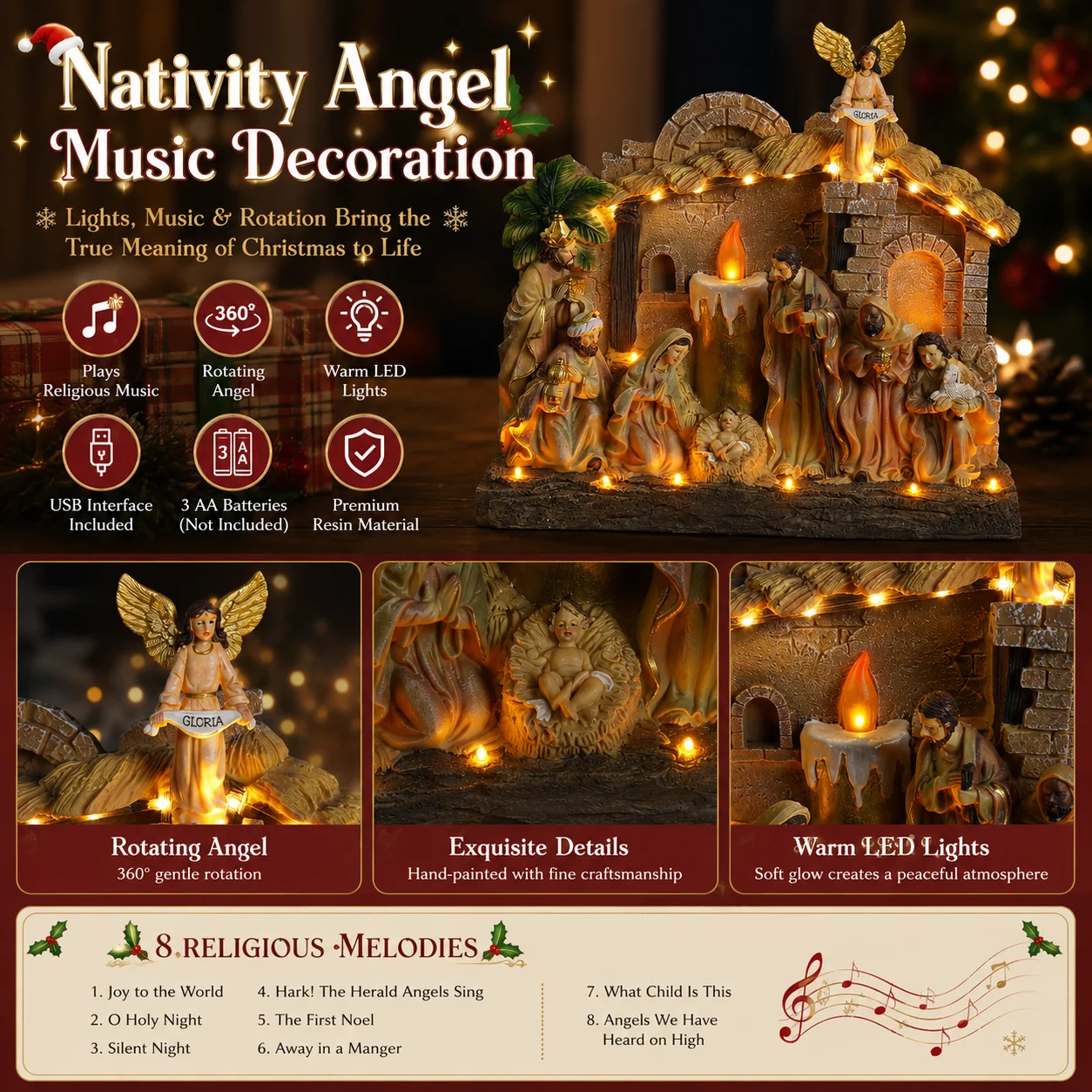 Nativity Scene Music Ornament with Flickering Candle, Rotating Angel & Holy Family LED Lights 27.5cm