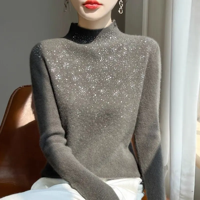 

Women's Clothing Autumn Winter Half High Collar Rhinestone Long Sleeve Pullover Sweater Knitted Geometric Casual Elegant Tops