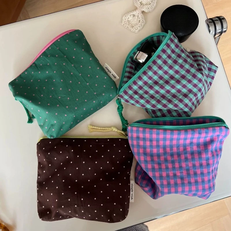 Petite trousse de toilette vintage à carreaux et pois, avec fermeture éclair, portable, pour femmes